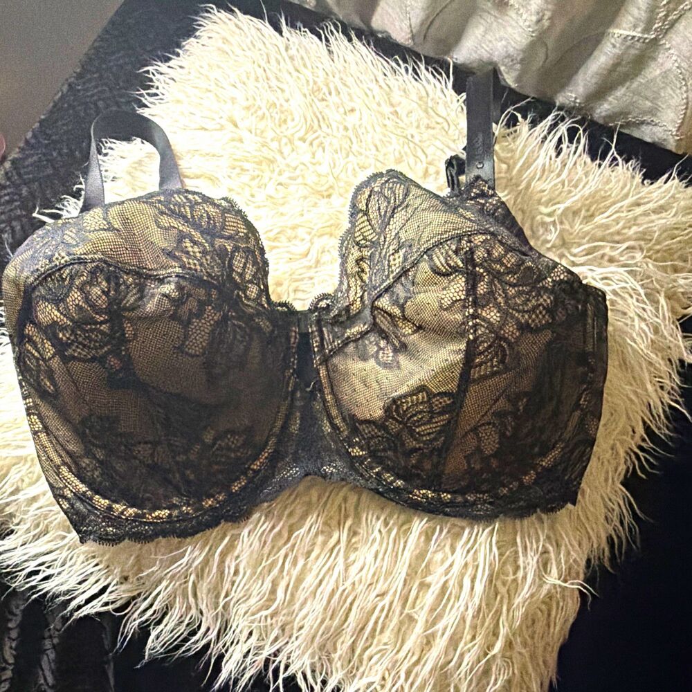 Calvin Klein Balconette Bra 40DDD Black Beige Floral Lace Underwire Sheer